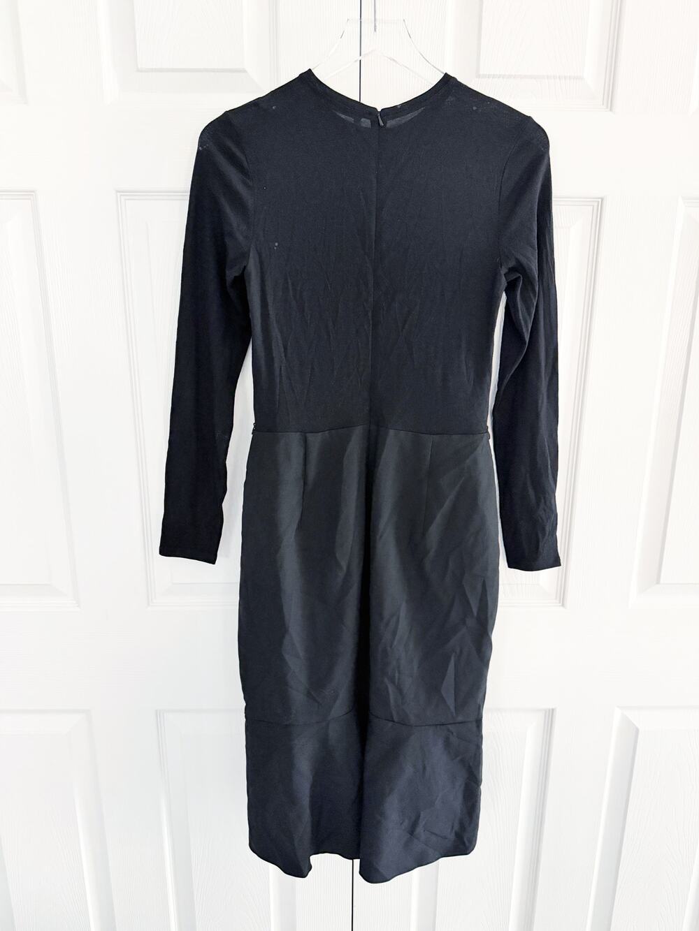Max Mara Black Wool Blend Mixed Media Midi Dress Flounce Hem Quiet Luxury Chic
